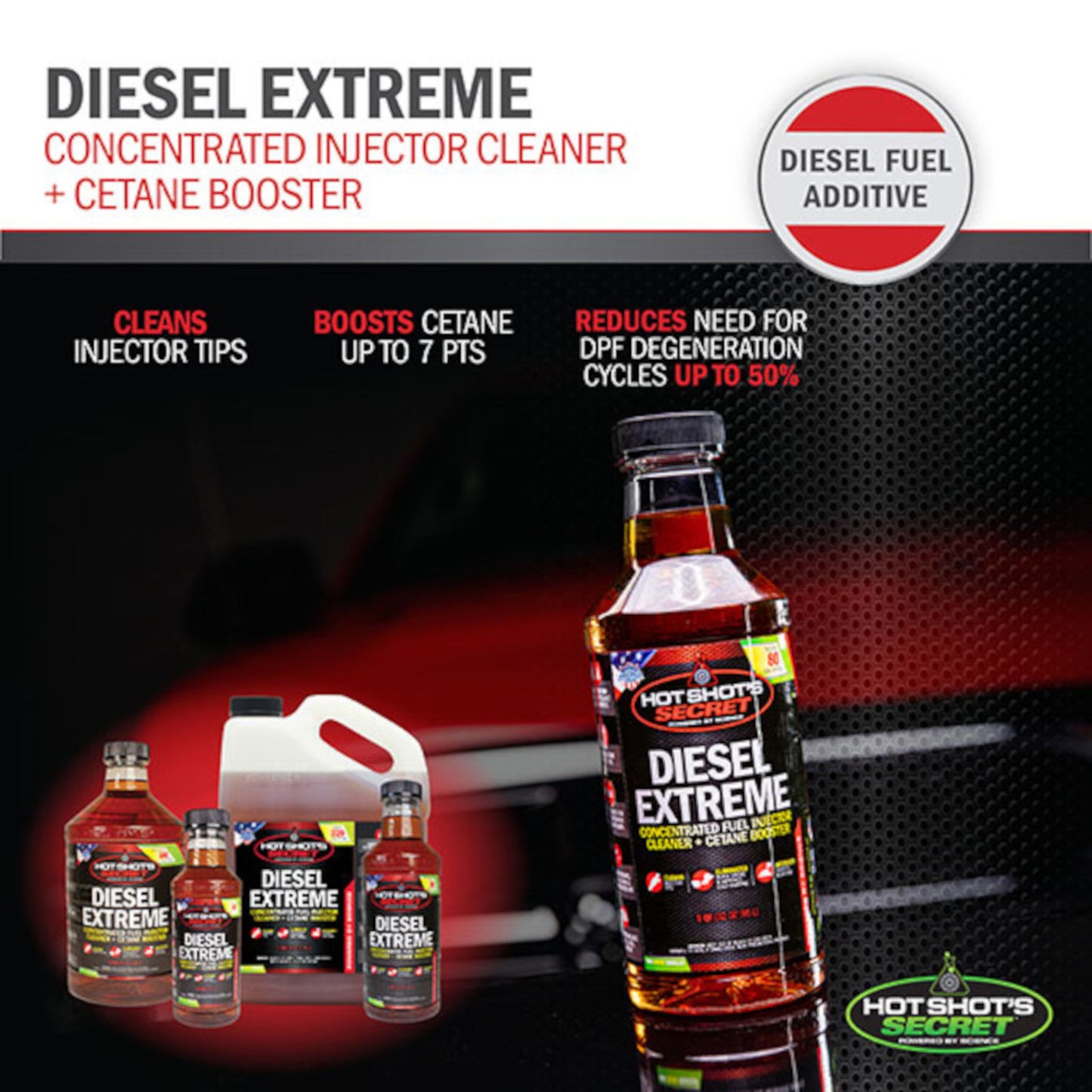 Hot Shot’s Secret Diesel Extreme fuel additive concentrated injector cleaner with cetane booster promotional graphic