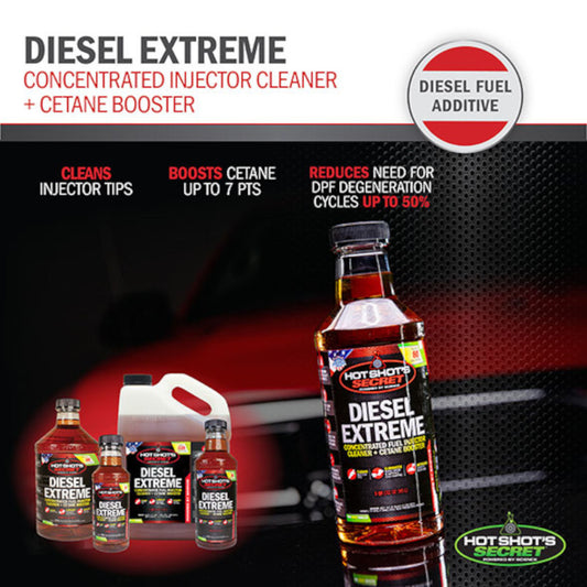 Hot Shot’s Secret Diesel Extreme fuel additive concentrated injector cleaner with cetane booster promotional graphic
