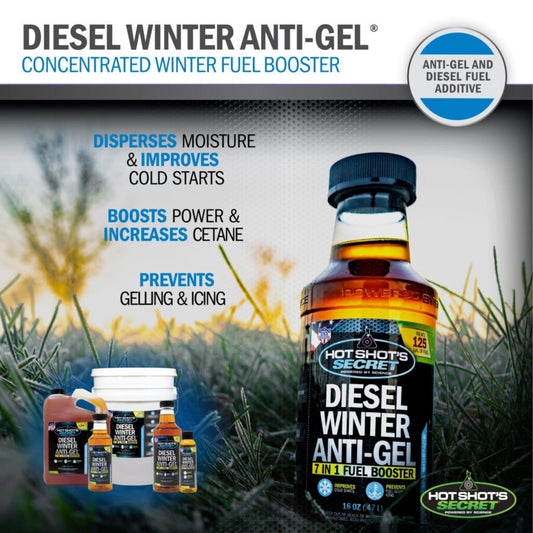 Hot Shot’s Secret diesel winter anti gel 7 in 1 fuel booster prevents gelling improves cold starts