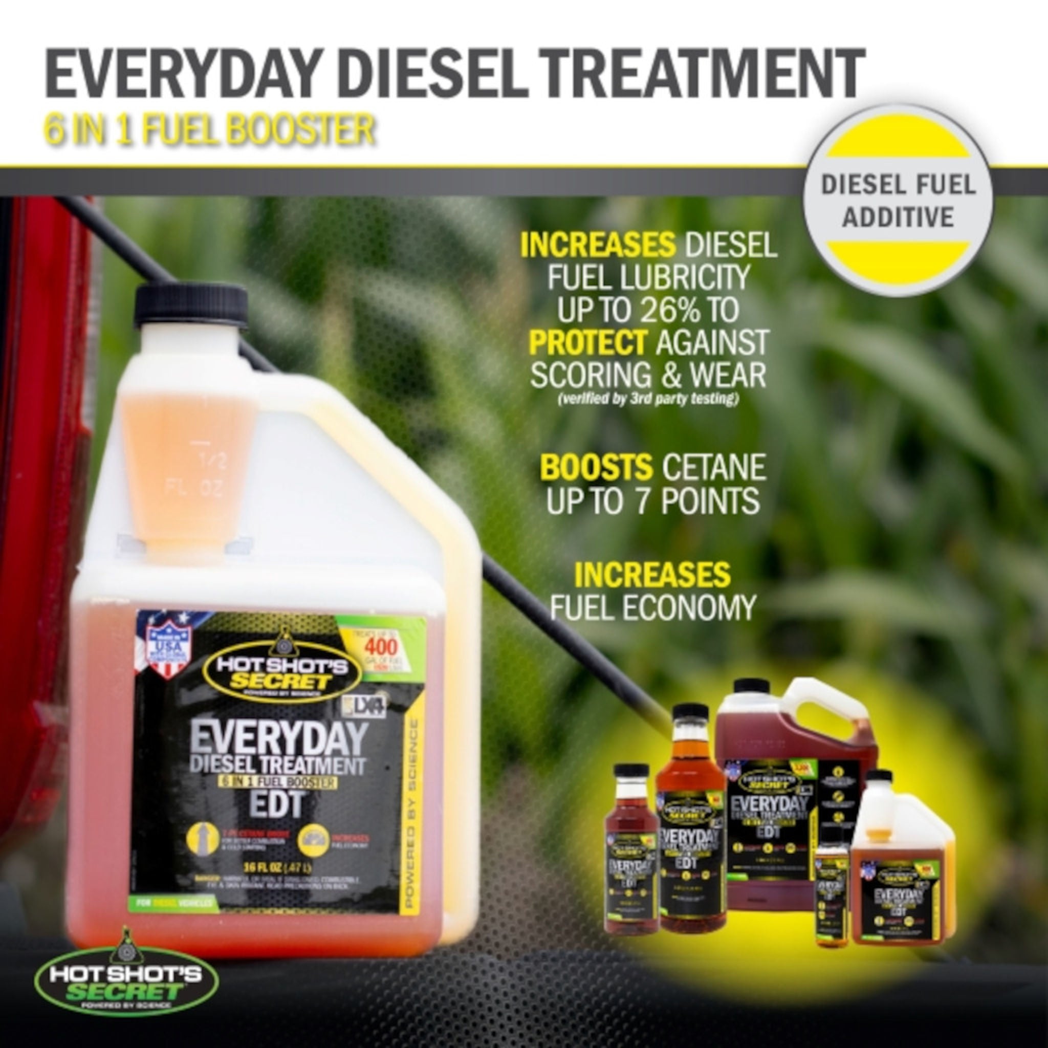 Hot Shot’s Secret Everyday Diesel Treatment 6 in 1 diesel fuel booster benefits graphic