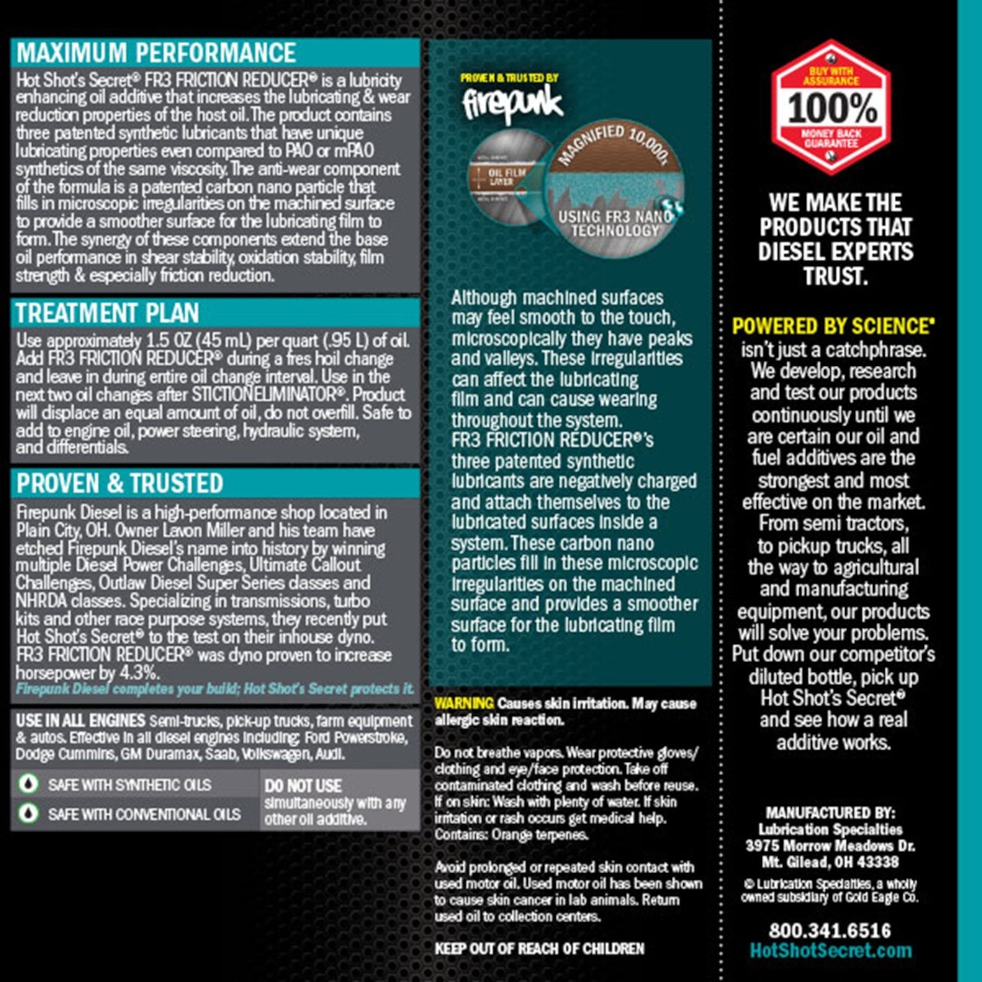 Hot Shot’s Secret FR3 friction reducer oil additive back label treatment instructions
