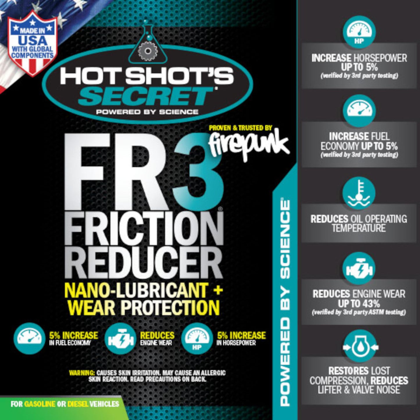 Hot Shot’s Secret FR3 friction reducer nano-lubricant wear protection performance graphic
