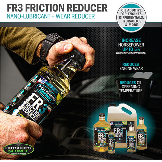 Hot Shot’s Secret FR3 friction reducer nano-lubricant technology benefits graphic