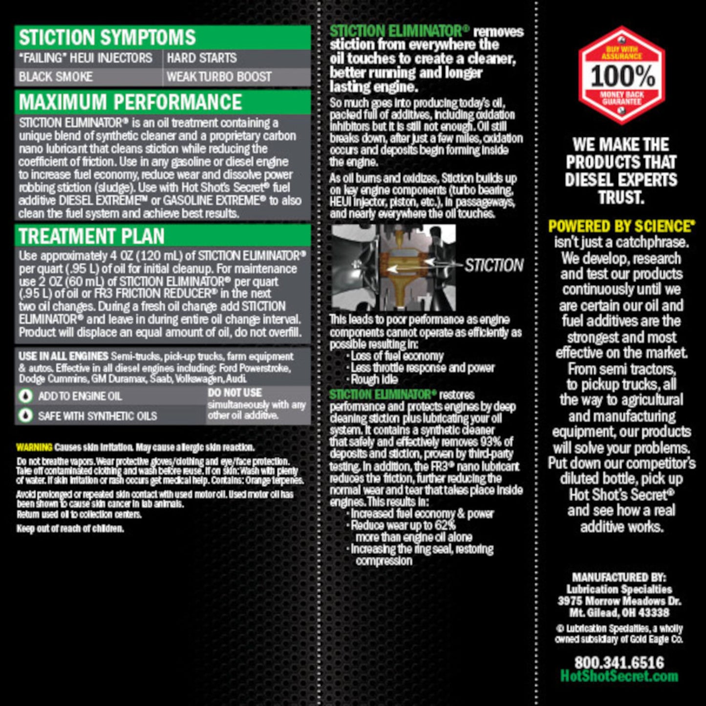 Hot Shot’s Secret Stiction Eliminator oil additive back label treatment plan and instructions