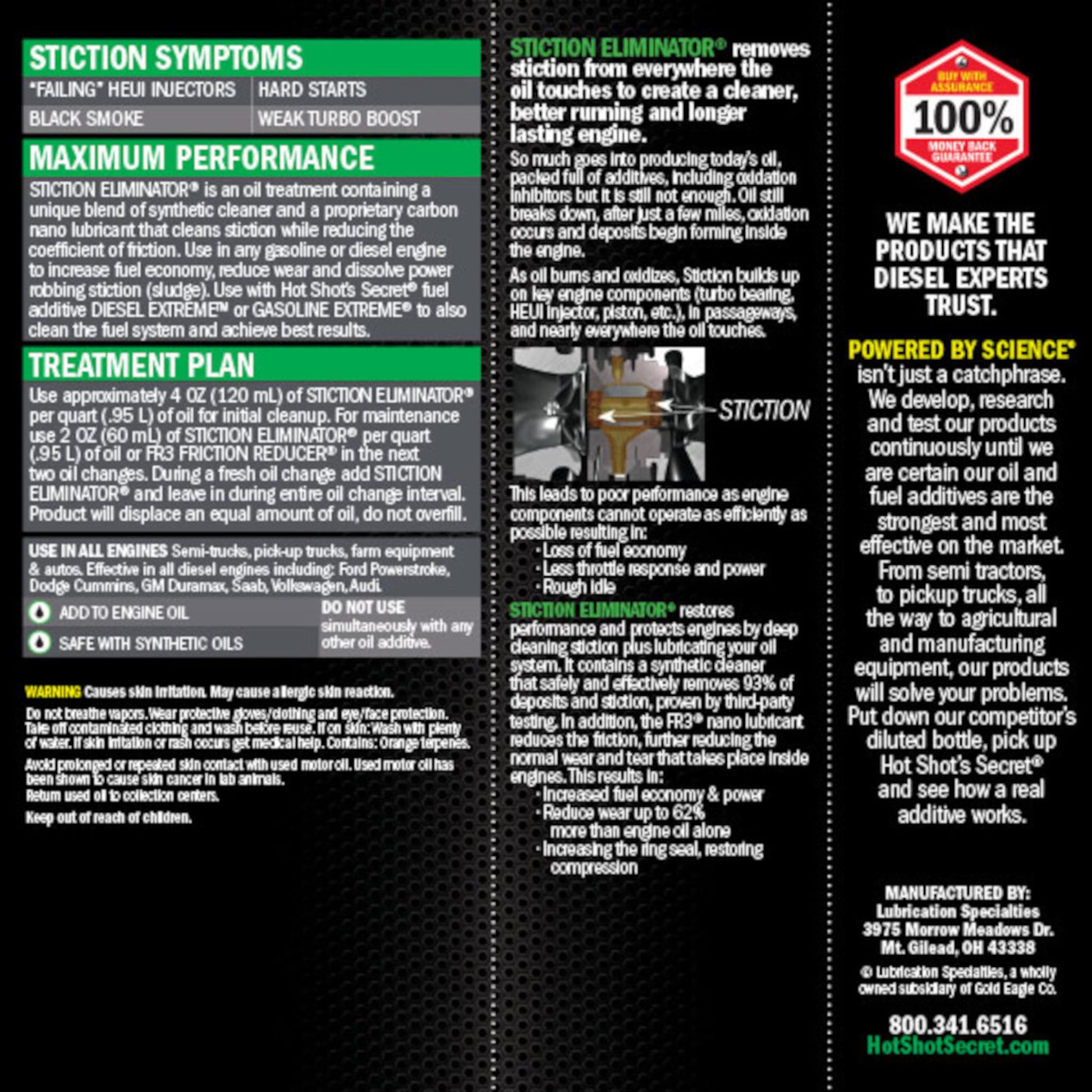 Hot Shot’s Secret Stiction Eliminator oil additive back label treatment plan and instructions