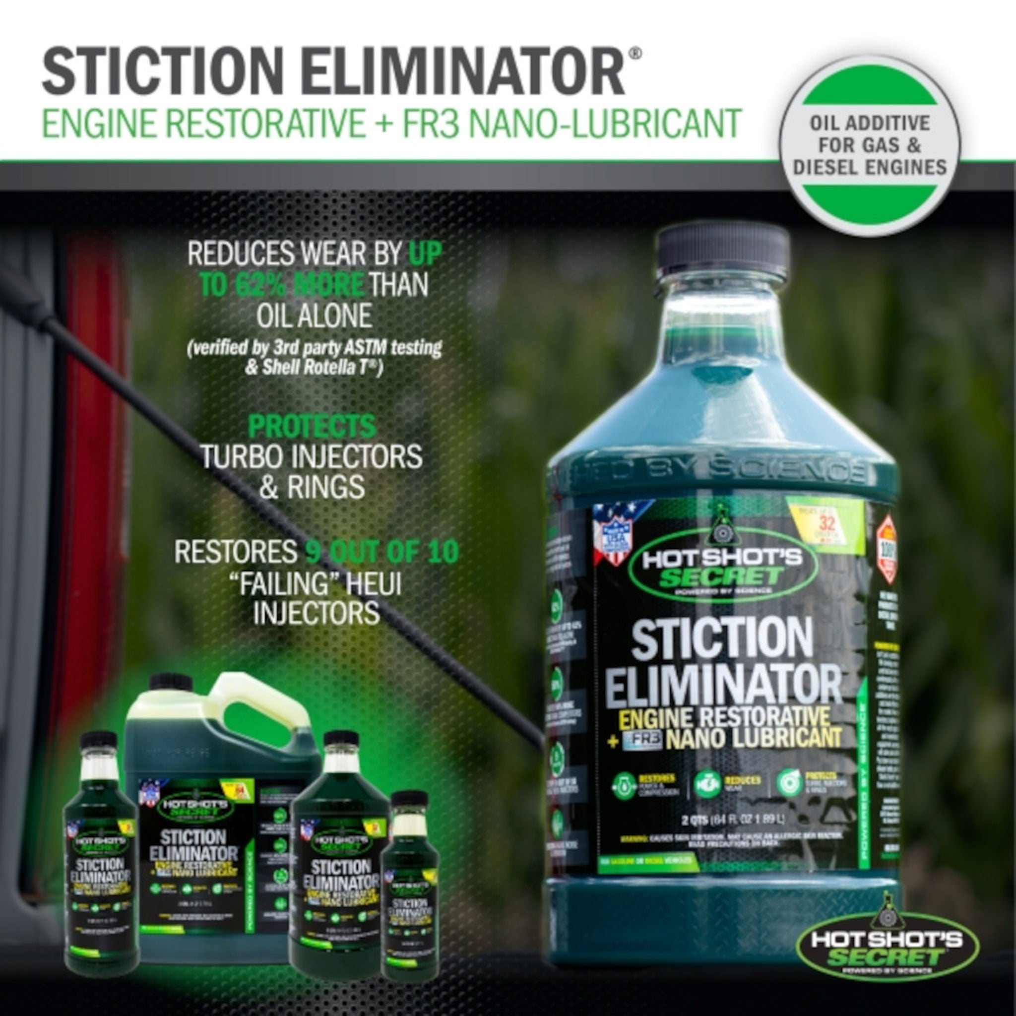 Hot Shot’s Secret Stiction Eliminator engine restorative FR3 nano-lubricant performance graphic
