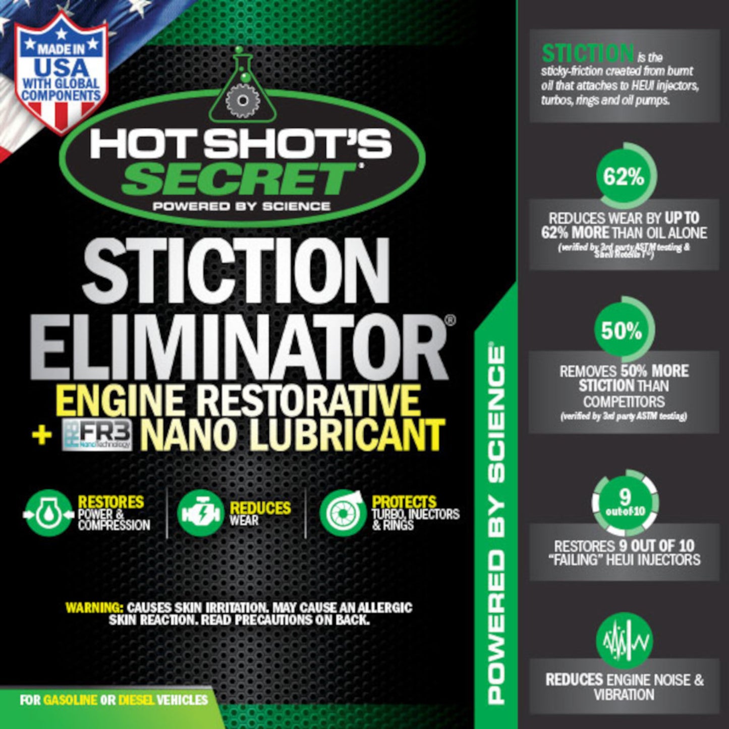 Hot Shot’s Secret Stiction Eliminator reduces stiction wear restores HEUI injectors infographic