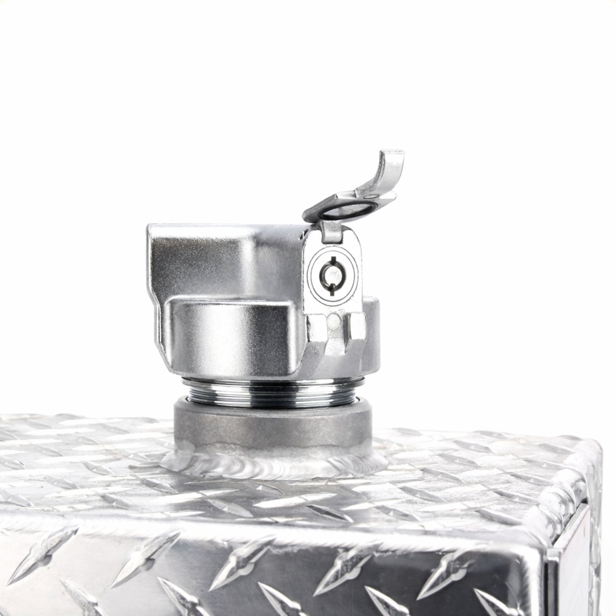 Locking vented 2 inch NPT transfer fuel tank cap installed on an aluminum transfer fuel tank, demonstrating proper fitment and secure mounting. SKU: MT-LC-2V