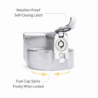 Close-up image of the locking vented 2 inch NPT transfer fuel tank cap showing the weather-proof self-closing latch and free-spinning security design. SKU: MT-LC-2V