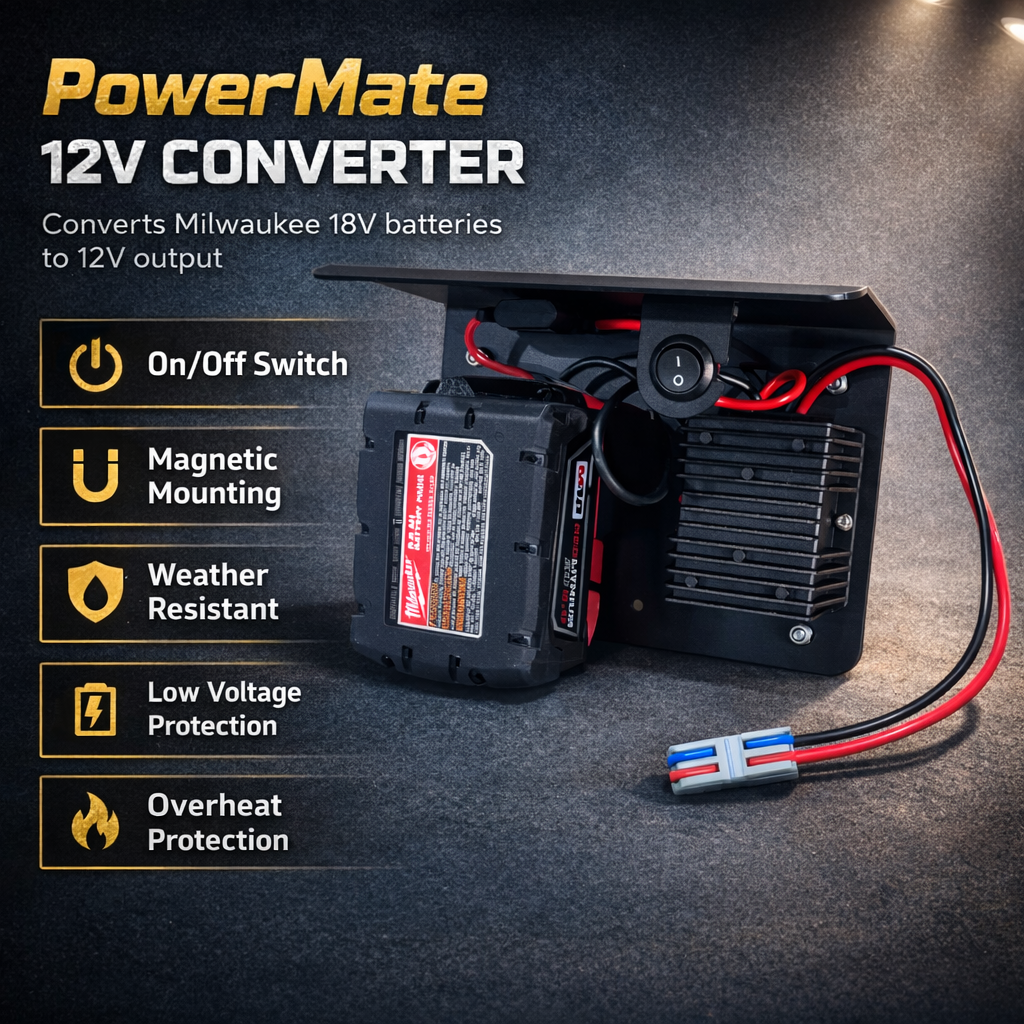 PowerMate Milwaukee 12V converter showing features including magnetic mounting low voltage protection and overheat protection