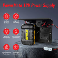 PowerMate 12V power supply showing features including on off switch magnetic mounting low voltage protection and short circuit protection