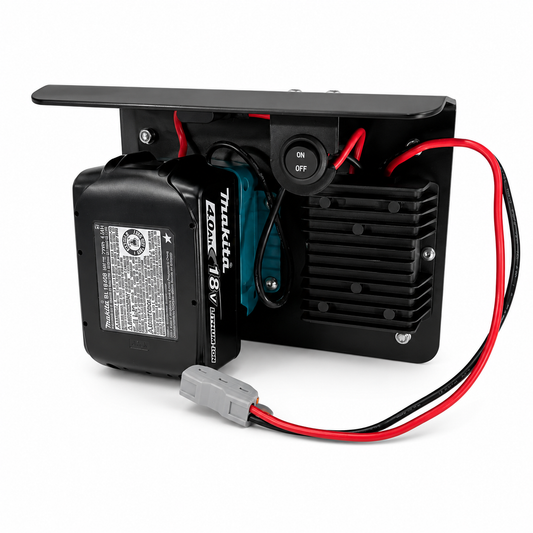 PowerMate Makita 18V LXT to 12V battery adapter with 4.0Ah battery installed and quick connect leads