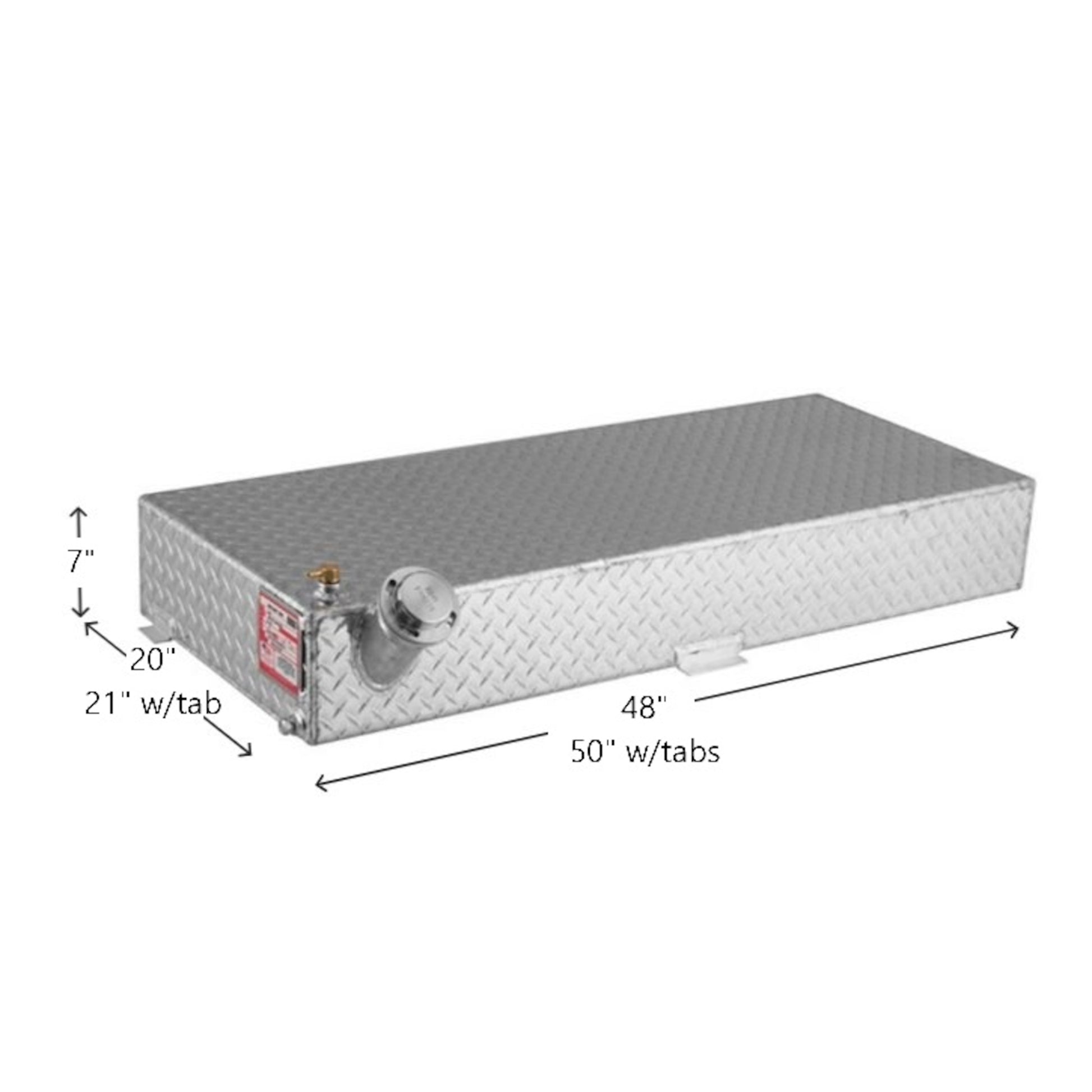 RDS 20-gallon aluminum auxiliary diesel fuel tank dimensions: 7"H, 20"L body, 21"L with tab, 48" overall, 50"L with tabs for compact truck bed fit.