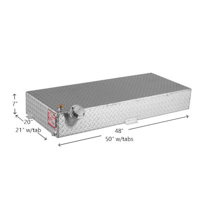 RDS 20-gallon aluminum auxiliary diesel fuel tank dimensions: 7"H, 20"L body, 21"L with tab, 48" overall, 50"L with tabs for compact truck bed fit.