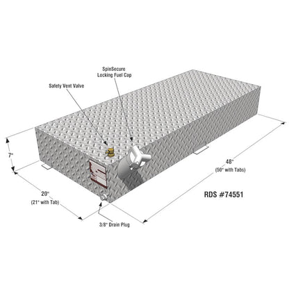 Annotated diagram of RDS 20-gallon aluminum diesel tank: Spinsecure locking fuel cap, safety vent valve, and 3/8" drain plug for secure auxiliary use (RDS #74551).