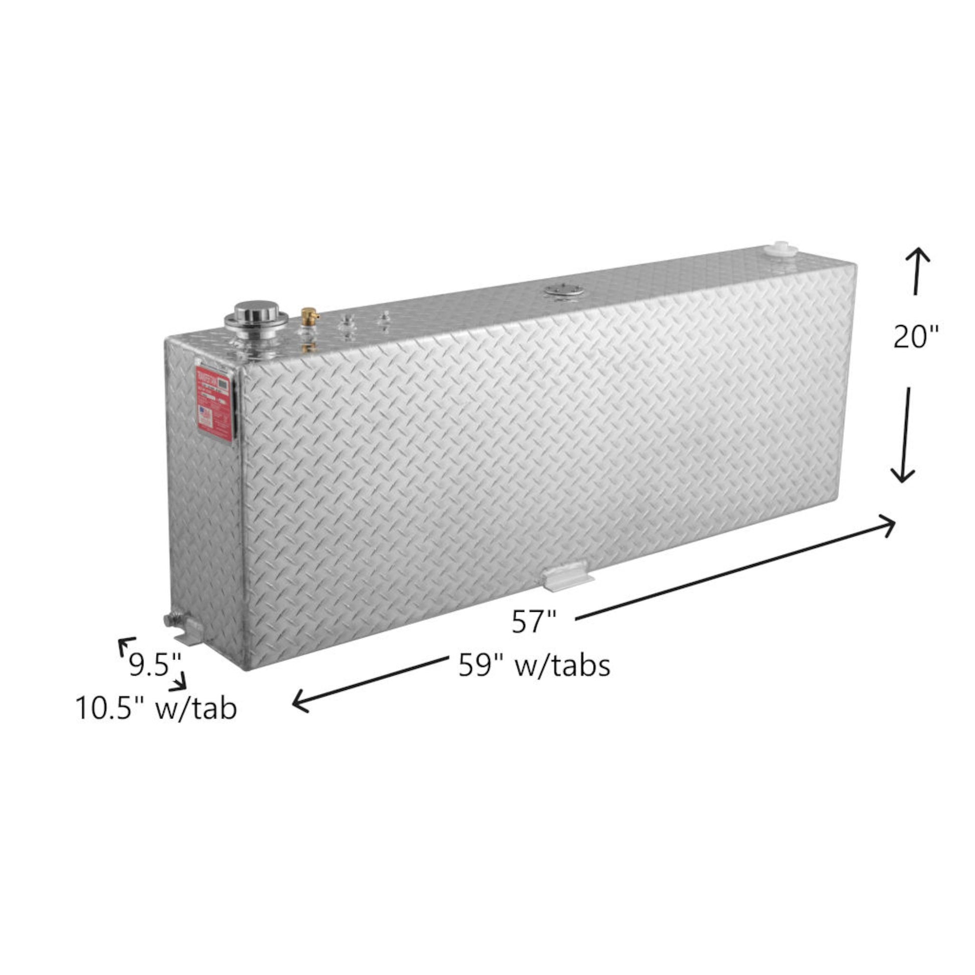 RDS 45-gallon aluminum transfer fuel tank dimensions: 20"H, 9.5"W, 57"L body, 59"L with tabs for precise fit in full-size trucks.