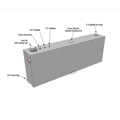 Annotated parts diagram for RDS 45-gallon aluminum transfer fuel tank: safety vent, locking fill cap, 3/8" drain plug, 2" pump coupling, and optional sending unit.