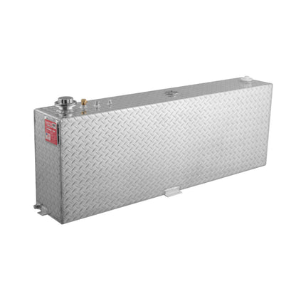 RDS 45-gallon diamond-plate aluminum transfer fuel tank: fill cap, safety vent, drain plug, and mounting tabs for secure truck bed installation.