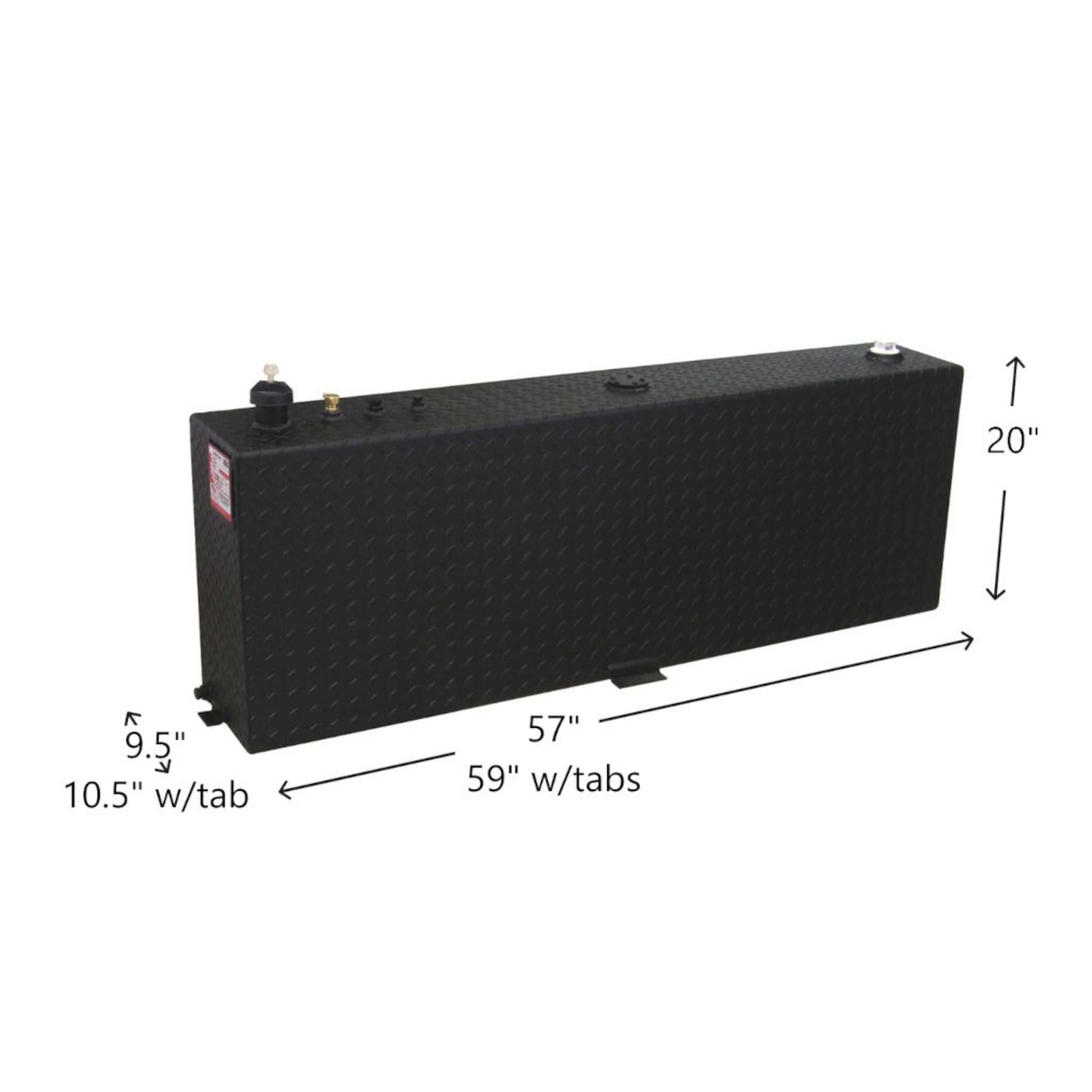 RDS 45-gallon black aluminum transfer fuel tank dimensions: 20"H, 9.5"W, 57"L body, 59"L with tabs for slim fit in full-size trucks.