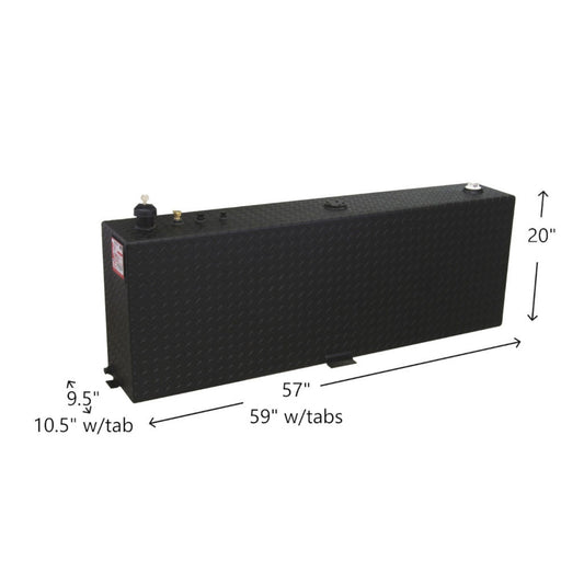 RDS 45-gallon black aluminum transfer fuel tank dimensions: 20"H, 9.5"W, 57"L body, 59"L with tabs for slim fit in full-size trucks.