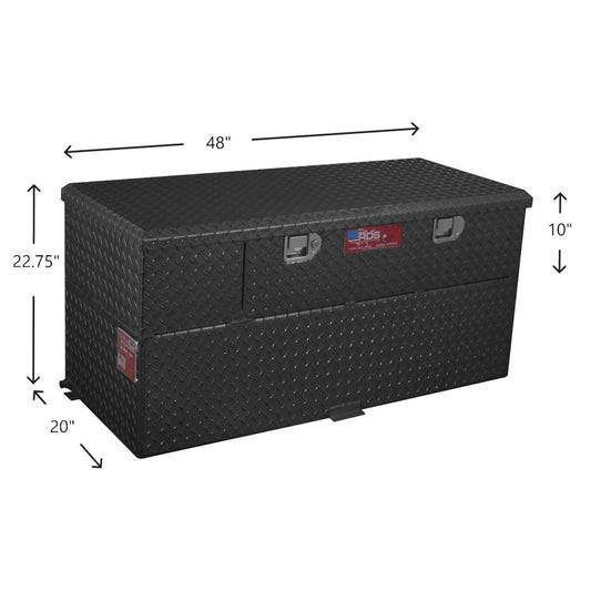 RDS 50-gallon aluminum fuel tank/toolbox combo with built-in pump dimensions: 20"H tank, 48"L body, 50"L with tabs, 22.75" total height for truck fit.