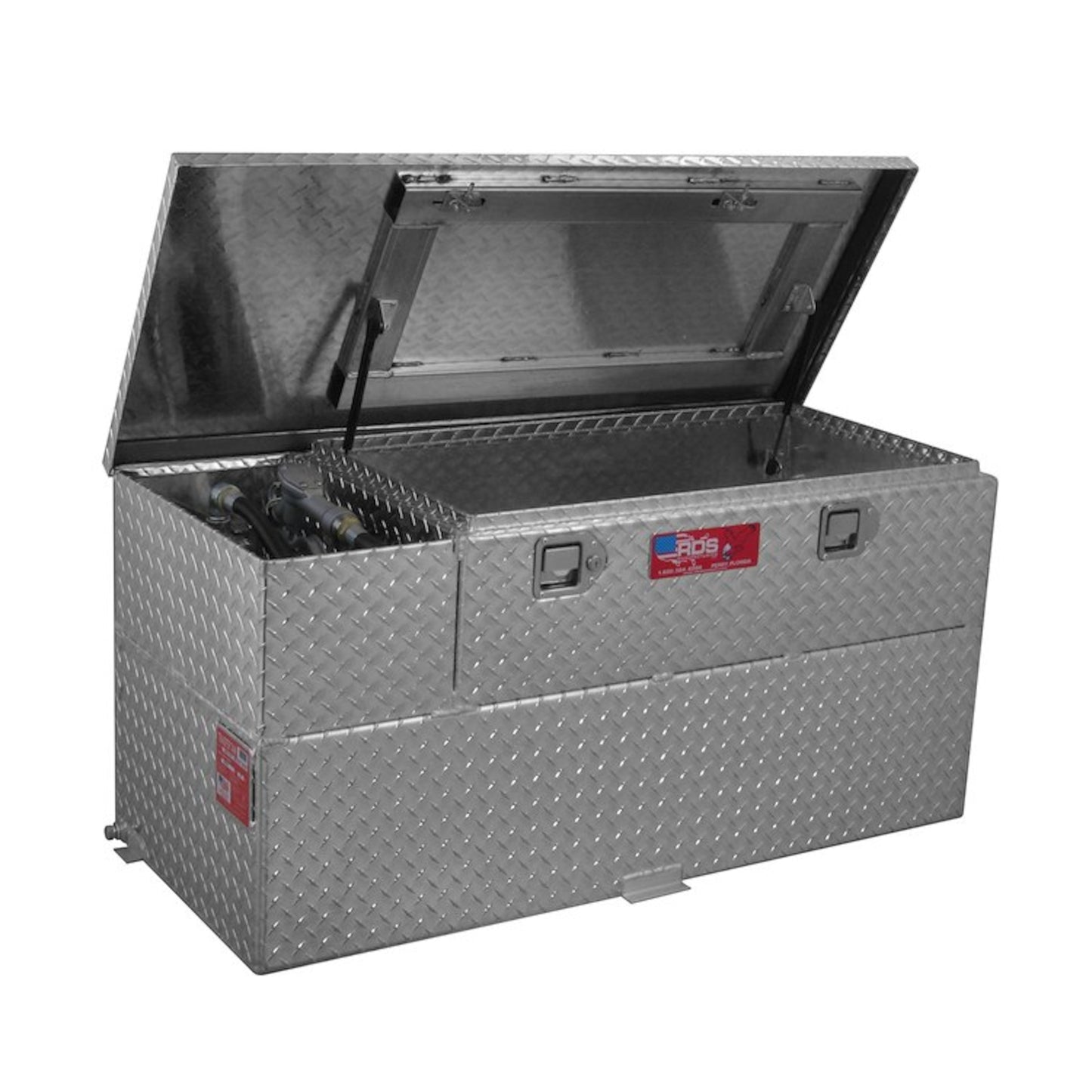 Open view of RDS 50-gallon aluminum fuel tank/toolbox combo with pump: gas strut lid, interior storage, and built-in 12V transfer pump for easy access.