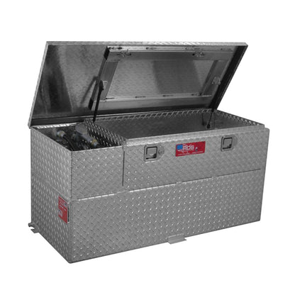 Open view of RDS 50-gallon aluminum fuel tank/toolbox combo with pump: gas strut lid, interior storage, and built-in 12V transfer pump for easy access.