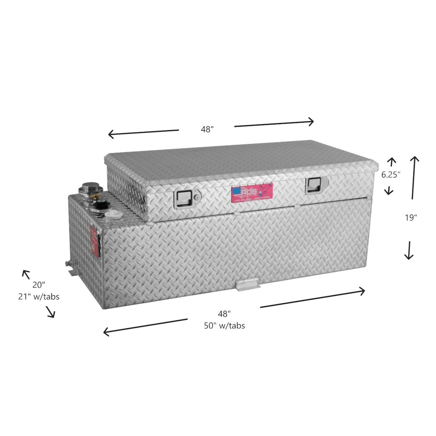 RDS 50-gallon aluminum transfer fuel tank/toolbox dimensions: 20"H tank, 6.25"H toolbox, 48"L body, 50"L with tabs for truck bed compatibility.