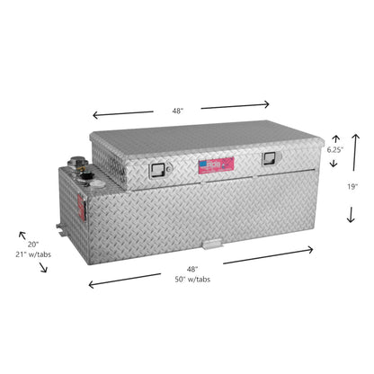 RDS 50-gallon aluminum transfer fuel tank/toolbox dimensions: 20"H tank, 6.25"H toolbox, 48"L body, 50"L with tabs for truck bed compatibility.