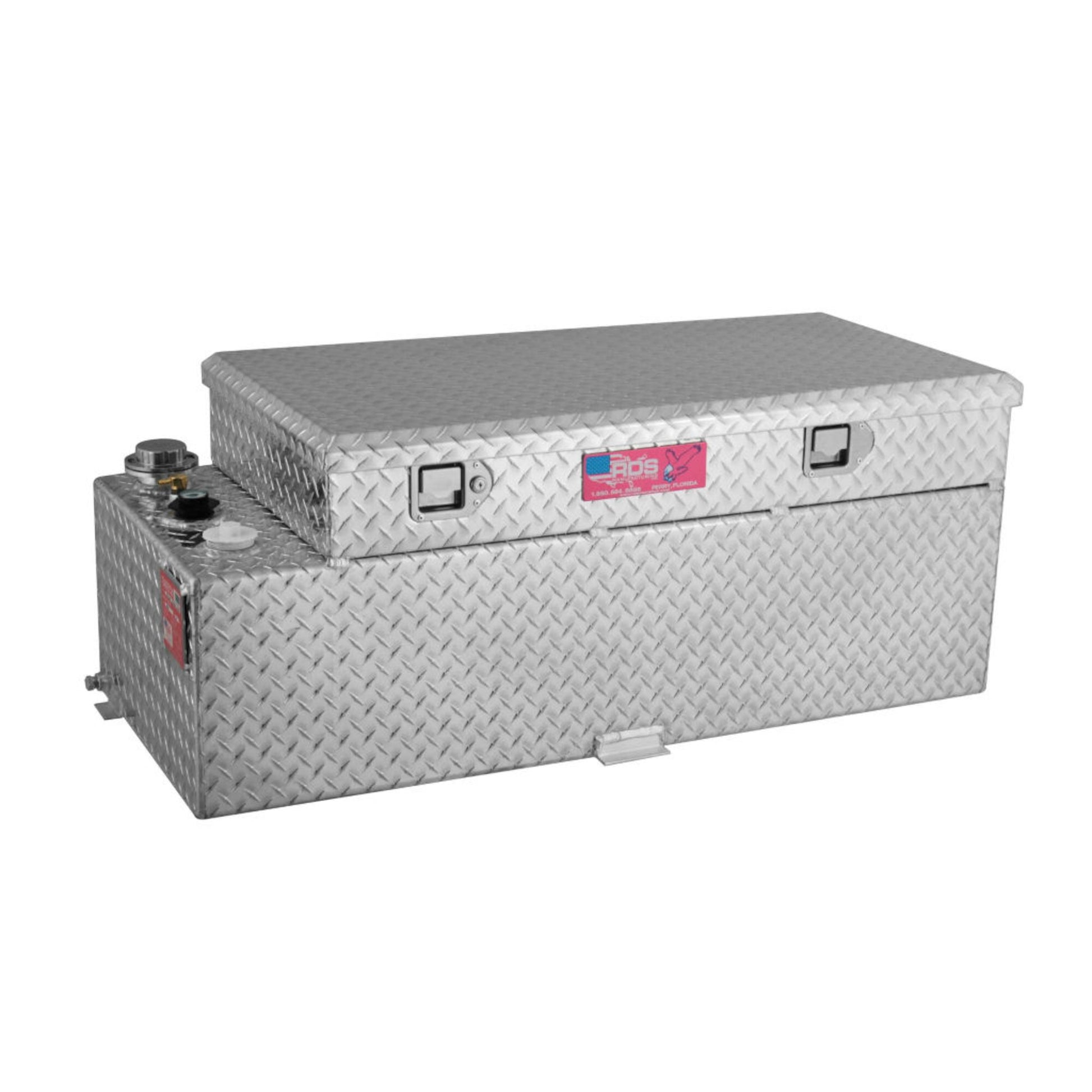 RDS 50-gallon diamond-plate aluminum auxiliary transfer fuel tank with toolbox: lockable lid, fill cap, vent, and tabs for secure truck installation.
