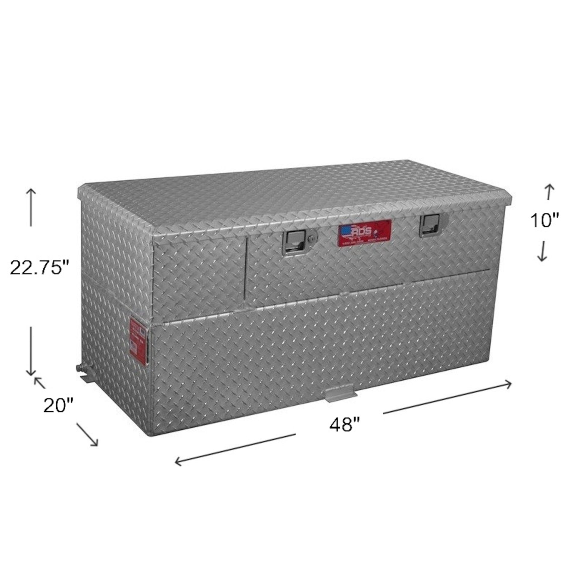 RDS 50-gallon aluminum transfer fuel tank/toolbox with pump dimensions: 20"H tank, 6.25"H toolbox, 48"L body, 50"L with tabs for truck bed fit.