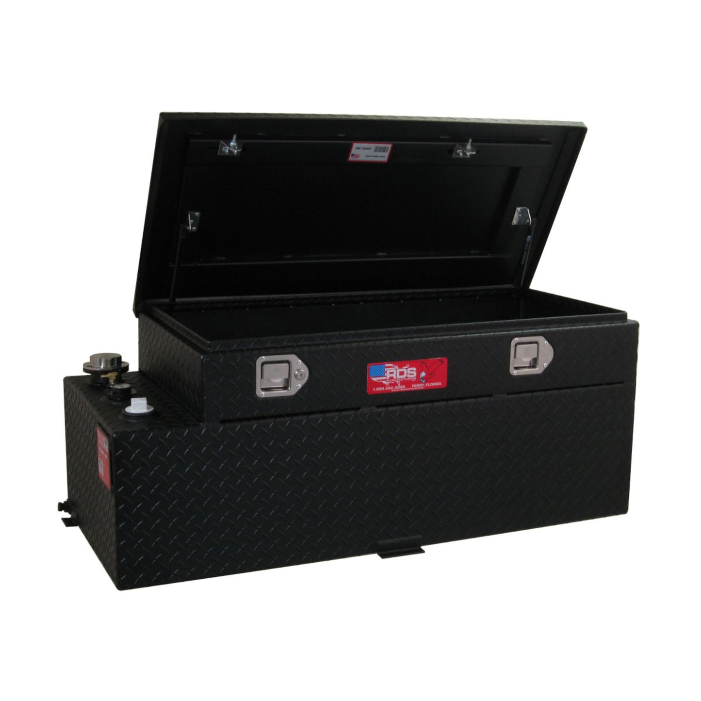 Open view of RDS 50-gallon black aluminum fuel tank/toolbox combo: gas strut lid with interior storage for tools and auxiliary accessories.