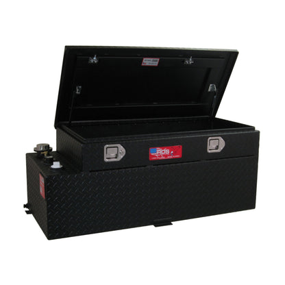 Open view of RDS 50-gallon black aluminum fuel tank/toolbox combo: gas strut lid with interior storage for tools and auxiliary accessories.