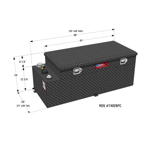 RDS 50-gallon black aluminum transfer fuel tank/toolbox dimensions: 20"H tank, 6.25"H toolbox, 48"L body, 50"L with tabs for truck bed fit