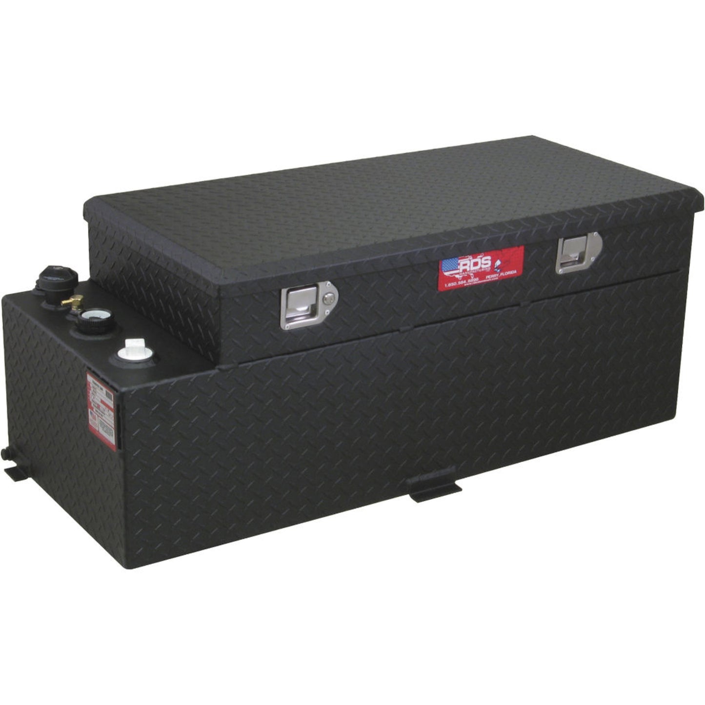 RDS 50-gallon black diamond-plate aluminum auxiliary transfer fuel tank with toolbox: lockable lid, fill cap, vent, and tabs for rugged mounting.