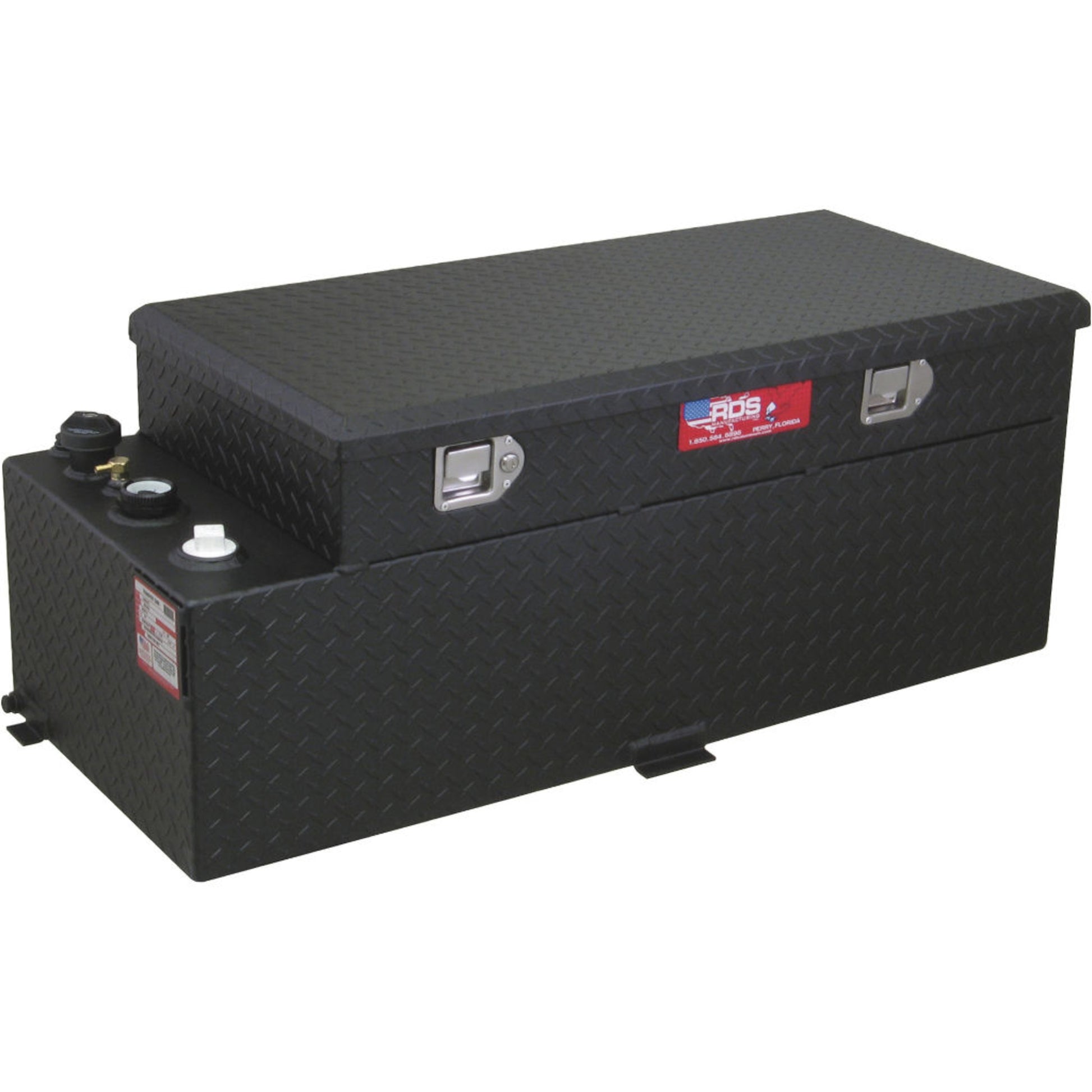 RDS 50-gallon black diamond-plate aluminum auxiliary transfer fuel tank with toolbox: lockable lid, fill cap, vent, and tabs for rugged mounting.