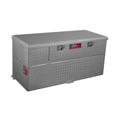 RDS 50-gallon black diamond-plate aluminum transfer fuel tank with toolbox and pump: lockable lid, fill cap, vent, tabs, and 12V transfer pump included.