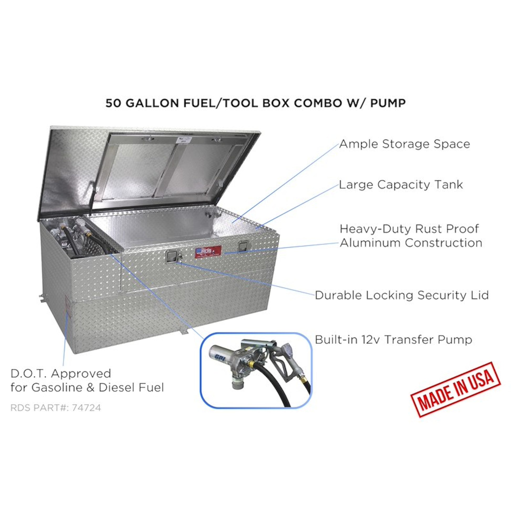 Annotated diagram of RDS 50-gallon aluminum tank/toolbox with pump: rust-proof construction, locking lid, ample storage, and DOT-approved 12V pump for gas/diesel.