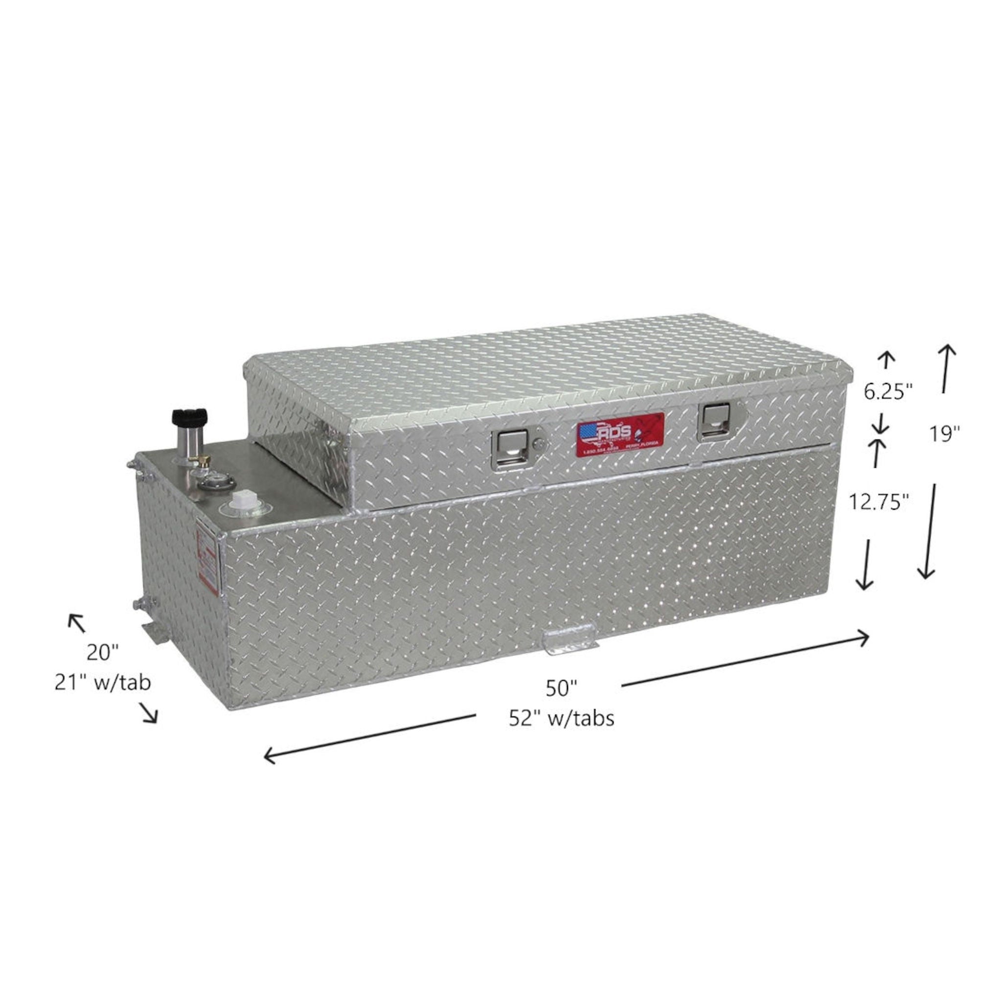 51-gallon RDS tank toolbox combo dimensions: 50" L x 20" W x 19" H (52" & 21" w/tabs), diamond-plate aluminum with lockable storage lid