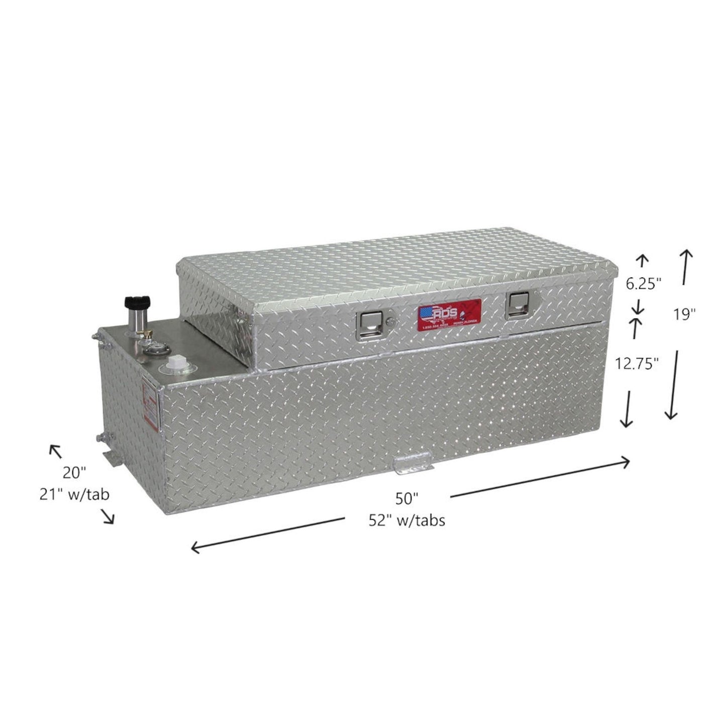 51-gallon RDS tank toolbox combo dimensions: 50" L x 20" W x 19" H (52" & 21" w/tabs), diamond-plate aluminum with lockable storage lid