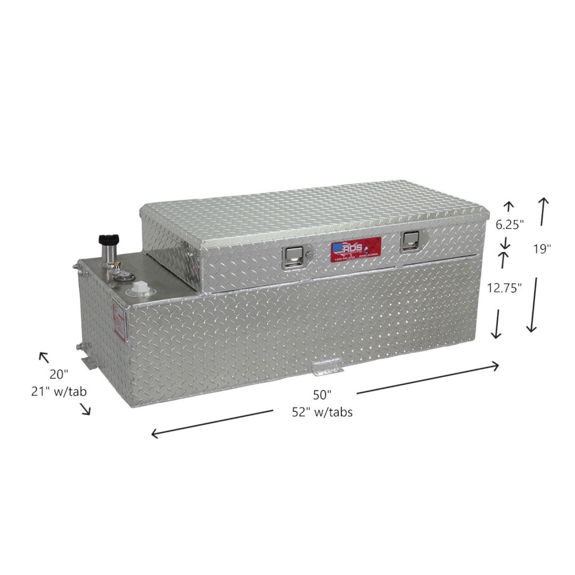 51-gallon RDS tank toolbox combo dimensions: 50" L x 20" W x 19" H (52" & 21" w/tabs), diamond-plate aluminum with lockable storage lid