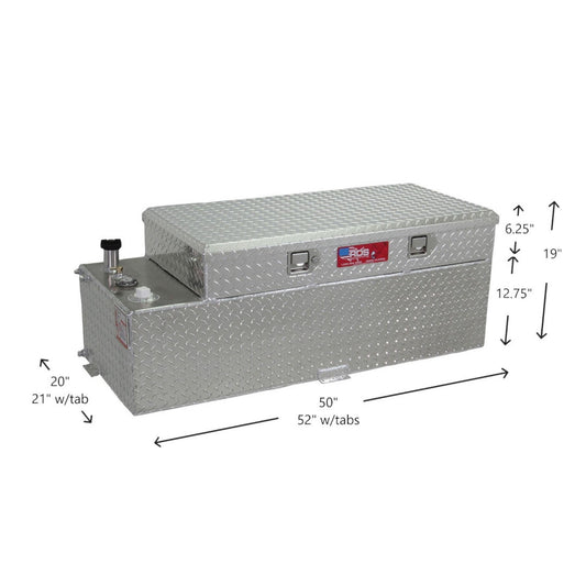 51-gallon RDS tank toolbox combo dimensions: 50" L x 20" W x 19" H (52" & 21" w/tabs), diamond-plate aluminum with lockable storage lid