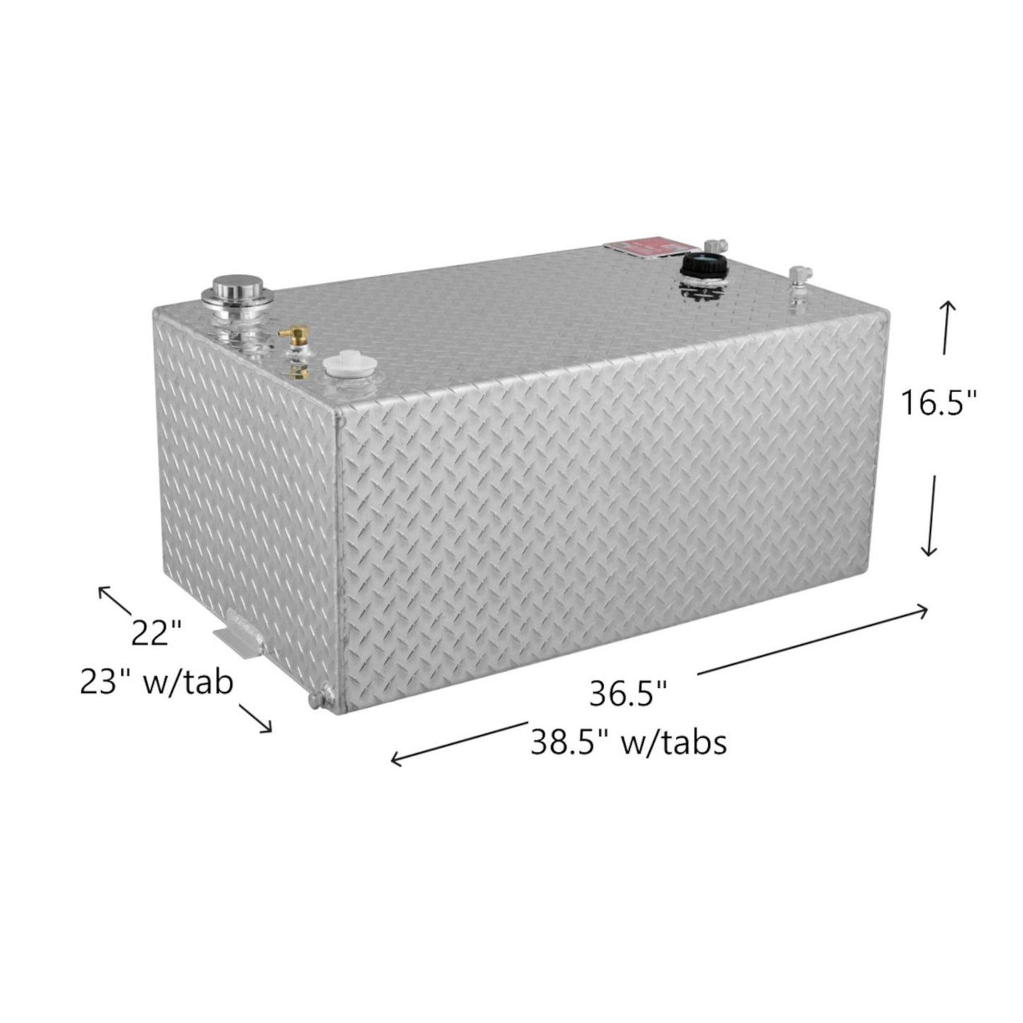 RDS 55-gallon aluminum transfer fuel tank dimensions: 22"H, 23"W with tab, 36.5"L body, 38.5"L with tabs for full-size truck compatibility.