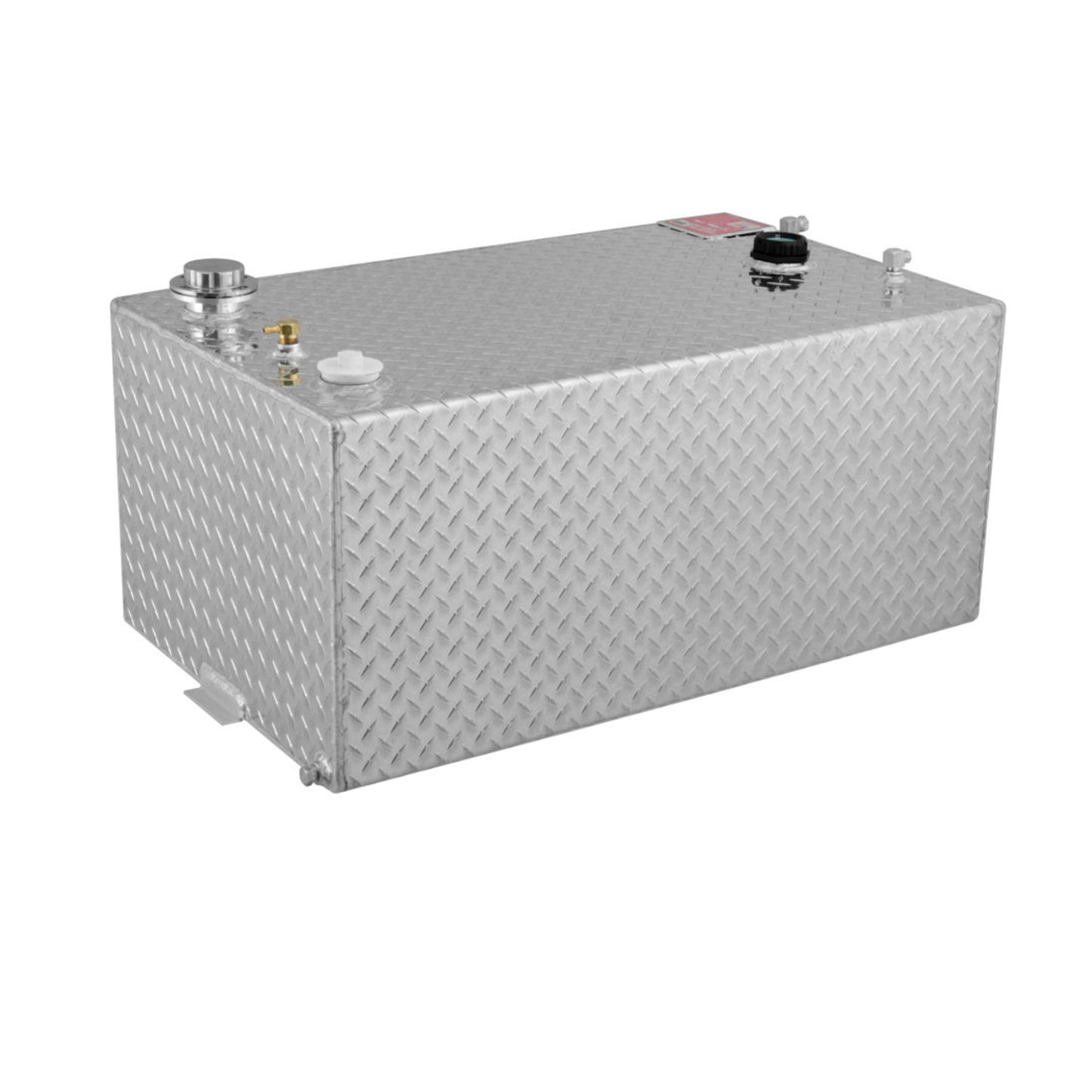 RDS 55-gallon diamond-plate aluminum transfer fuel tank: fill cap, safety vent, drain plug, and mounting tabs for reliable truck bed auxiliary storage.