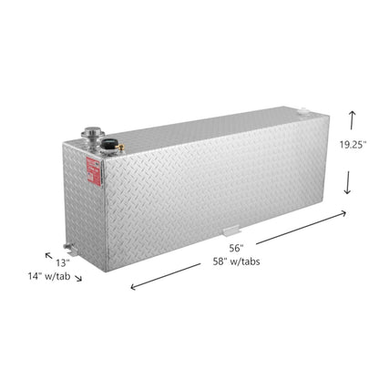 RDS 60-gallon aluminum transfer fuel tank dimensions: 19.25"H, 13"W, 55"L body, 58"L with tabs for easy truck bed fit as auxiliary diesel or multi-fuel unit.