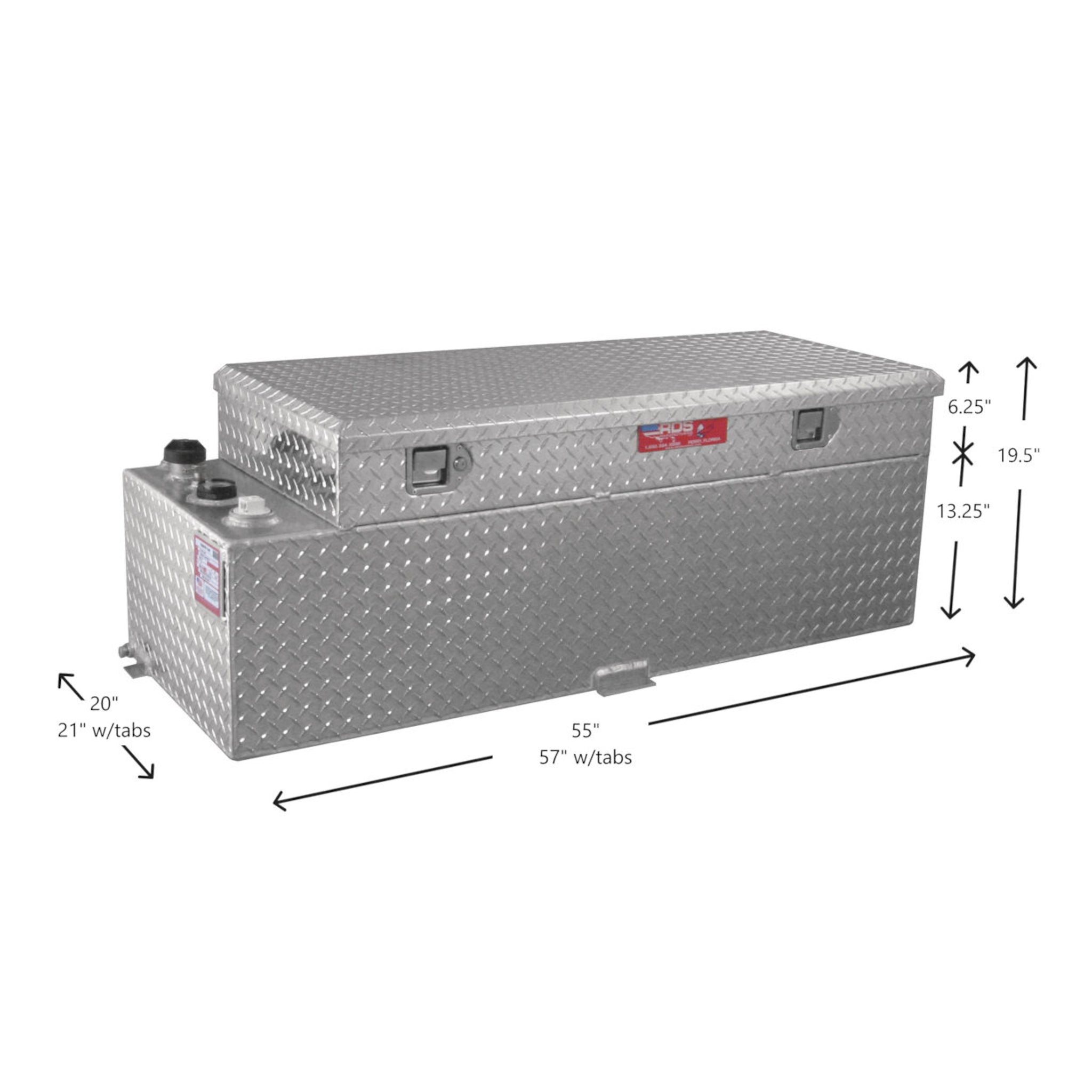 RDS 60-gallon aluminum transfer fuel tank/toolbox dimensions: 20"H tank, 6.25"H toolbox, 55"L tank body, 57"L with tabs for truck bed compatibility.