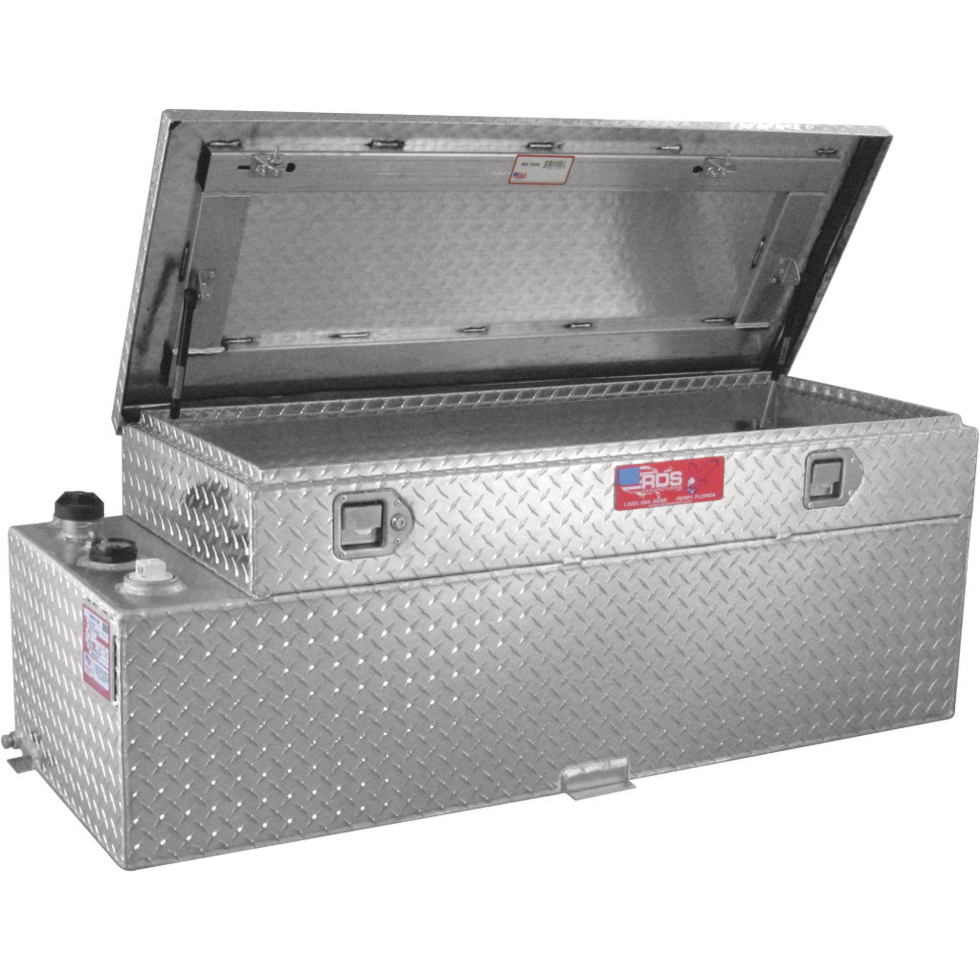Open view of RDS 60-gallon aluminum fuel tank/toolbox combo: gas strut lid with spacious interior for tools, compatible with auxiliary transfer pumps.
