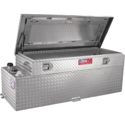 Open view of RDS 60-gallon aluminum fuel tank/toolbox combo: gas strut lid with spacious interior for tools, compatible with auxiliary transfer pumps.