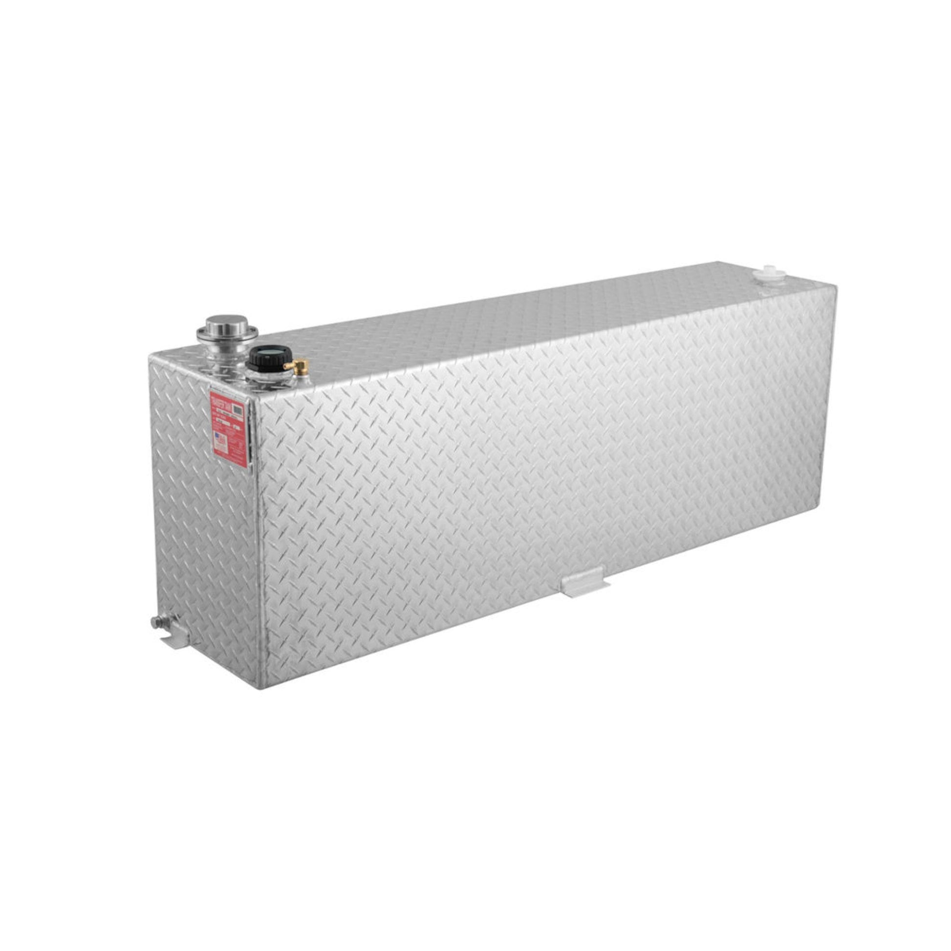 RDS 60-gallon diamond-plate aluminum transfer fuel tank (model #71212): lockable Spin secure cap, safety rollover vent, 3/8" drain plug, and mounting tabs for DOT-approved transport.