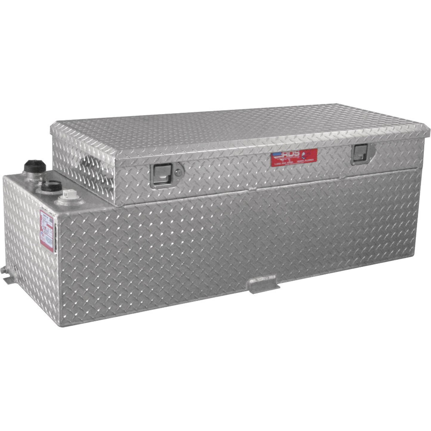 RDS 60-gallon diamond-plate aluminum auxiliary transfer fuel tank with toolbox: lockable lid, fill cap, vent, and mounting tabs for secure installation.